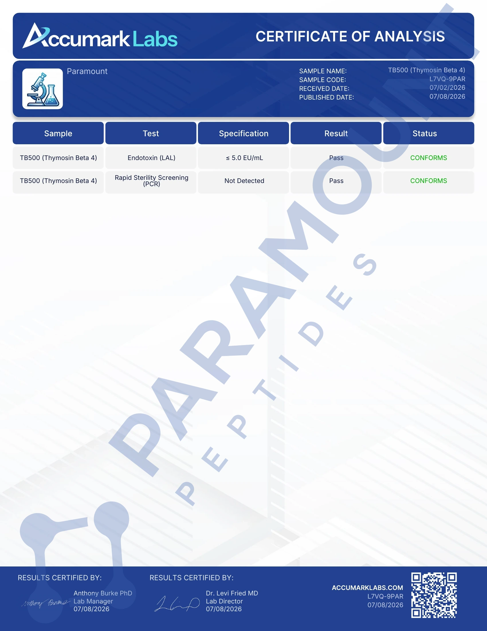 TB-500 (10mg) Certificate of Analysis from Paramount Peptides