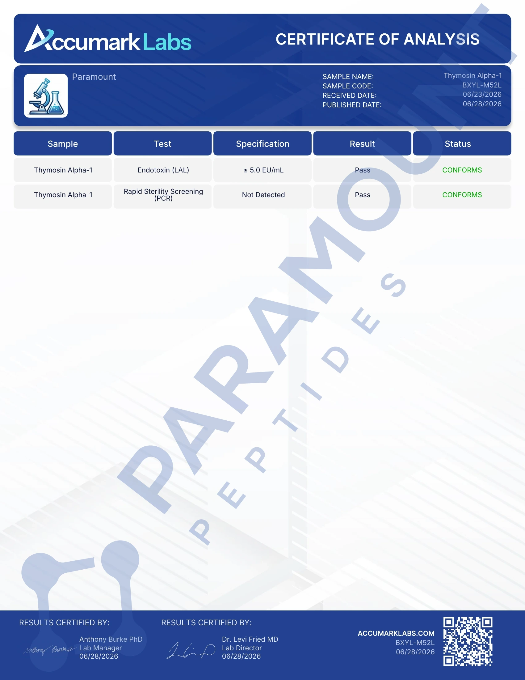 Thymosin Alpha-1 (10mg) Certificate of Analysis from Paramount Peptides